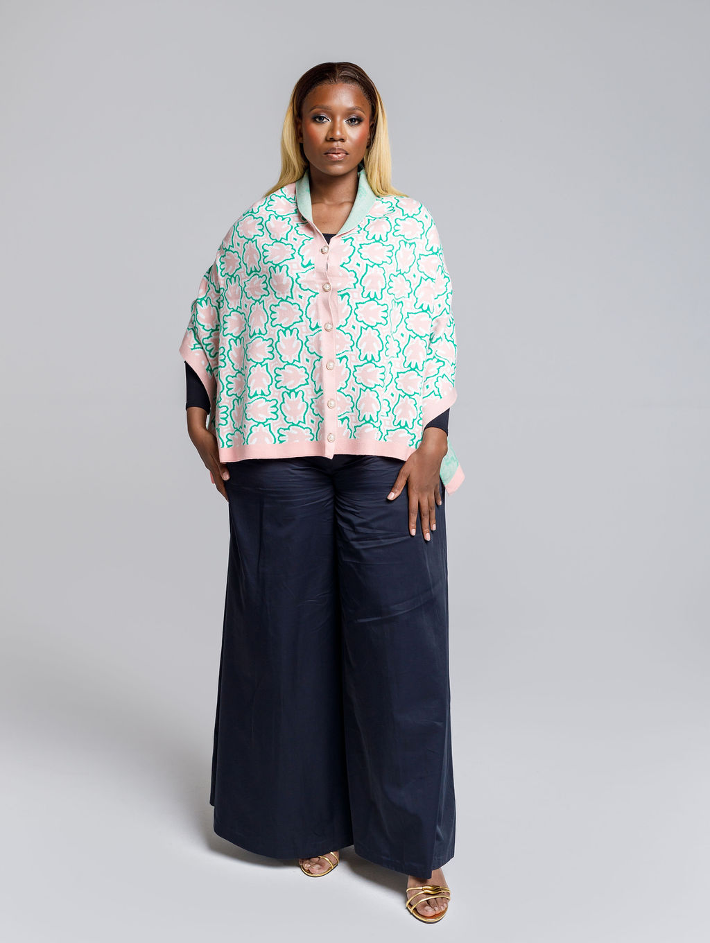 Apara Knitted Cape - AWCA (Cream, Teal, Pink & Black) - Image 3