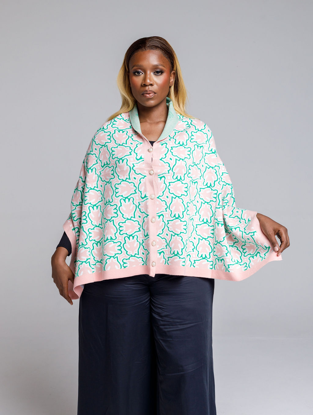 Apara Knitted Cape - AWCA (Cream, Teal, Pink & Black)