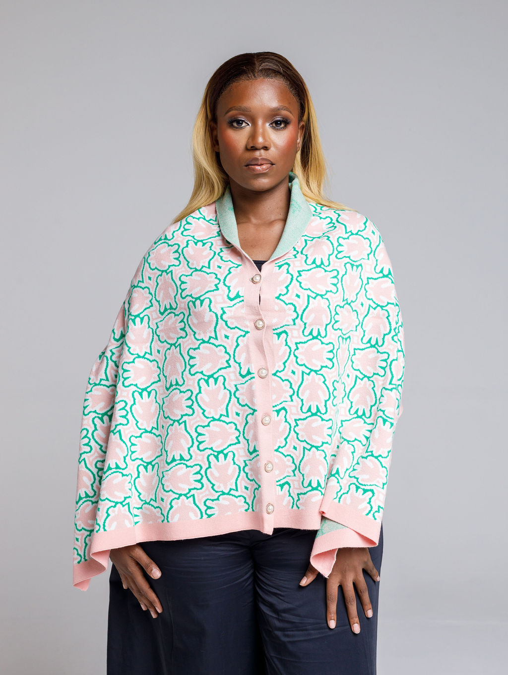 Apara Knitted Cape - AWCA (Cream, Teal, Pink & Black) - Image 2